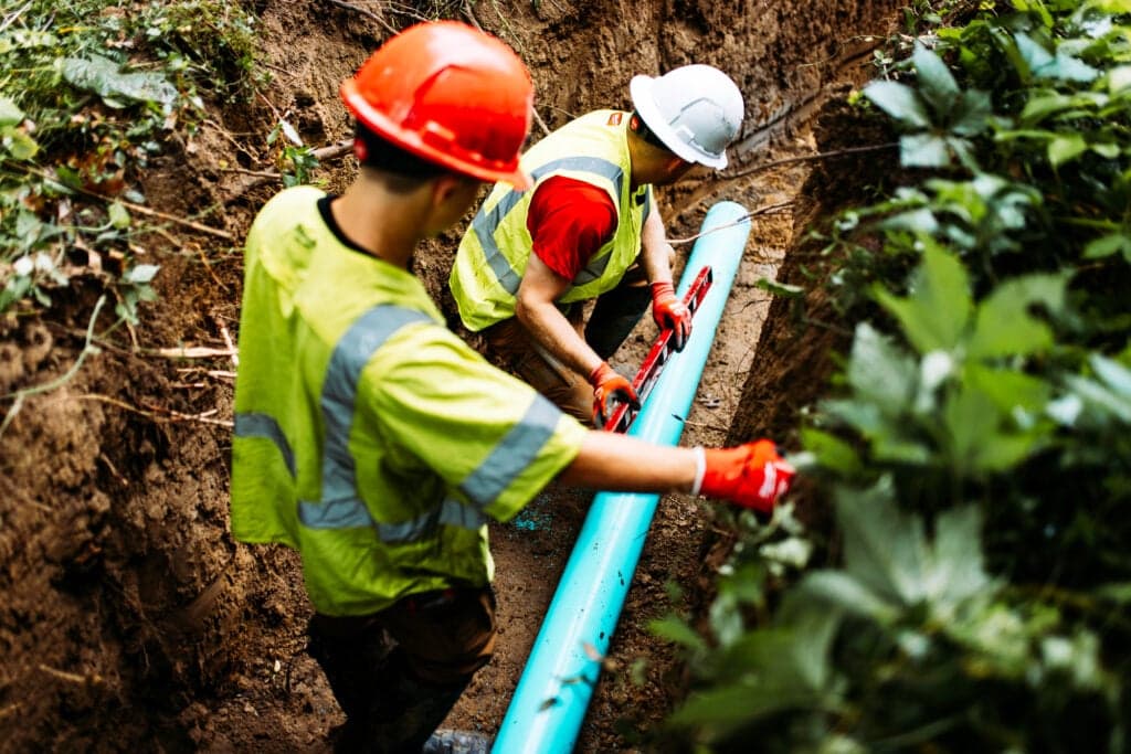 Two men in hard hats installing a pipe, focused on their work in a construction setting.