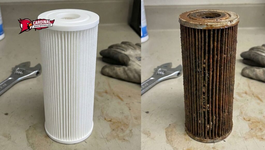 Comparison of a clean vs dirty sediment water filter cartridge.